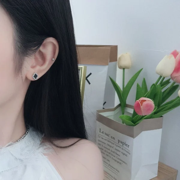 Clover Black Stone Stud Earrings