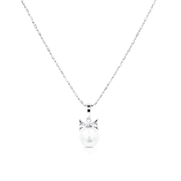 Ribbon Pearl CZ Pendant Necklace