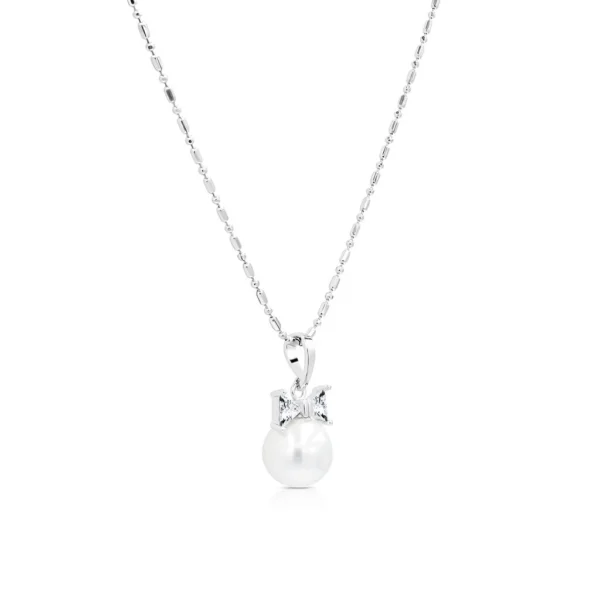 Ribbon Pearl CZ Pendant Necklace
